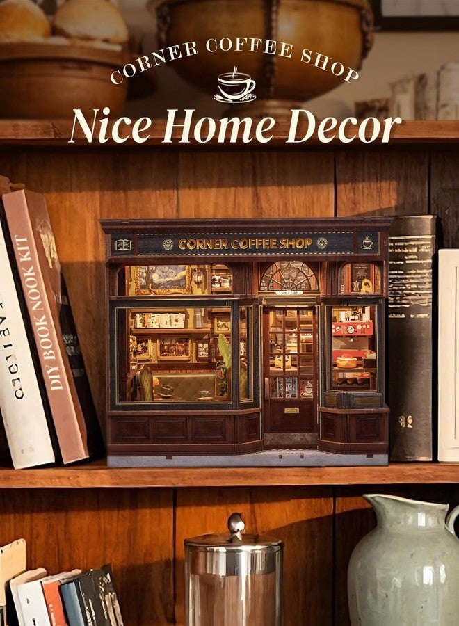 Cutefun Book Nook Kit - DIY Miniature Doll House Kit, Book Nook Kits for Adults, 3D Wooden Puzzle Bookend Bookshelf with LED Light for Cafe Crafts Lovers (Corner Coffee Shop) - Image 3