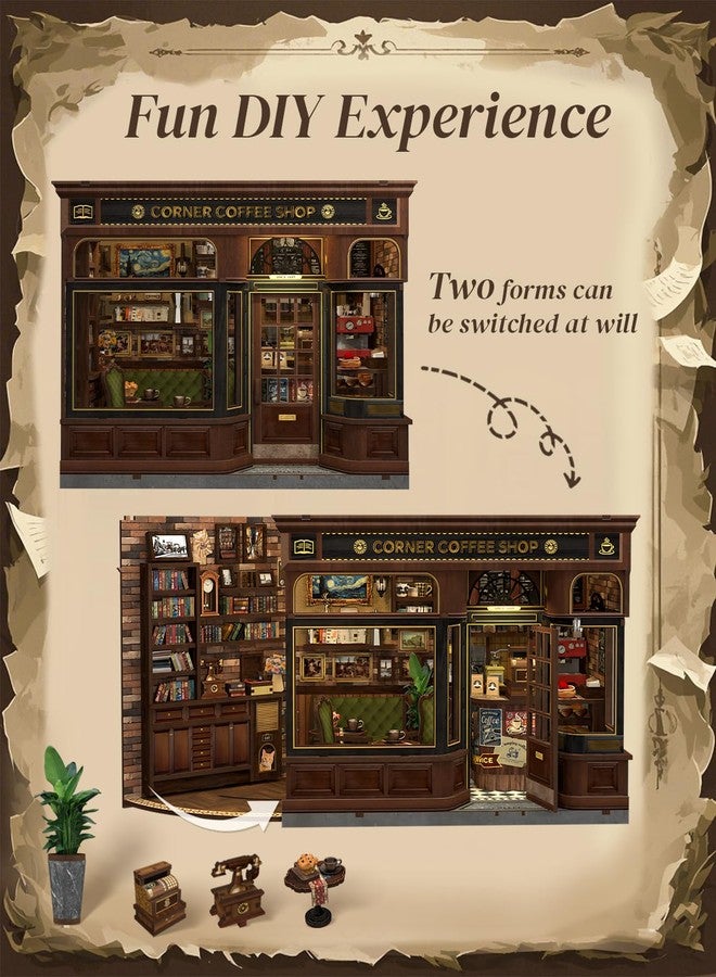 Cutefun Book Nook Kit - DIY Miniature Doll House Kit, Book Nook Kits for Adults, 3D Wooden Puzzle Bookend Bookshelf with LED Light for Cafe Crafts Lovers (Corner Coffee Shop) - Image 5