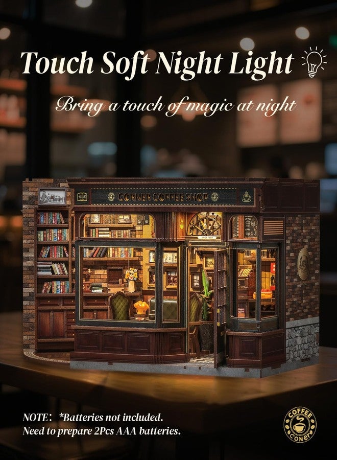 Cutefun Book Nook Kit - DIY Miniature Doll House Kit, Book Nook Kits for Adults, 3D Wooden Puzzle Bookend Bookshelf with LED Light for Cafe Crafts Lovers (Corner Coffee Shop) - Image 2