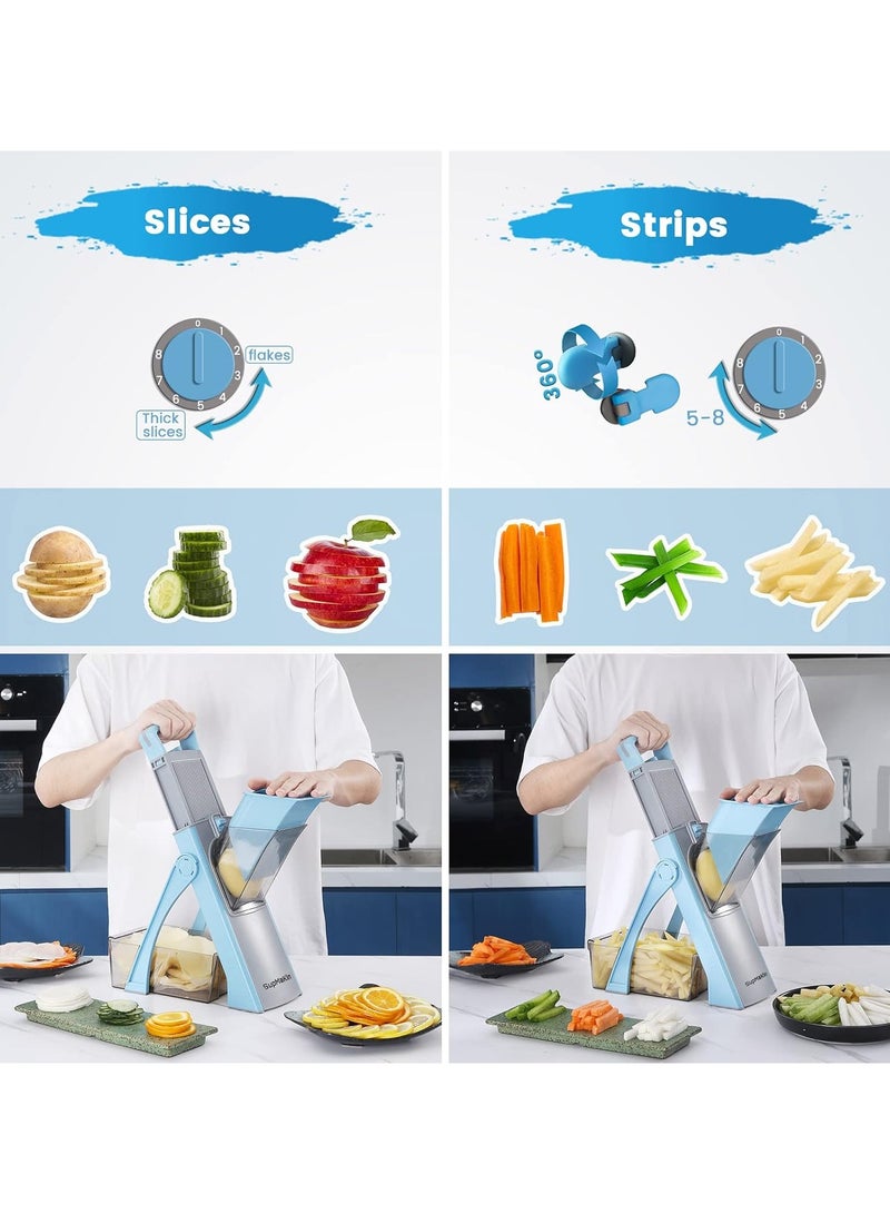 إسكدنيا قطاعة خضروات ومبشرة ماندولين بشفرات من الفولاذ المقاوم للصدأ، سعة كبيرة، سماكة قابلة للتعديل، وميزات أمان لتقطيع وفرم الخضروات والفواكه - 5 في 1 - ازرق - Image 5