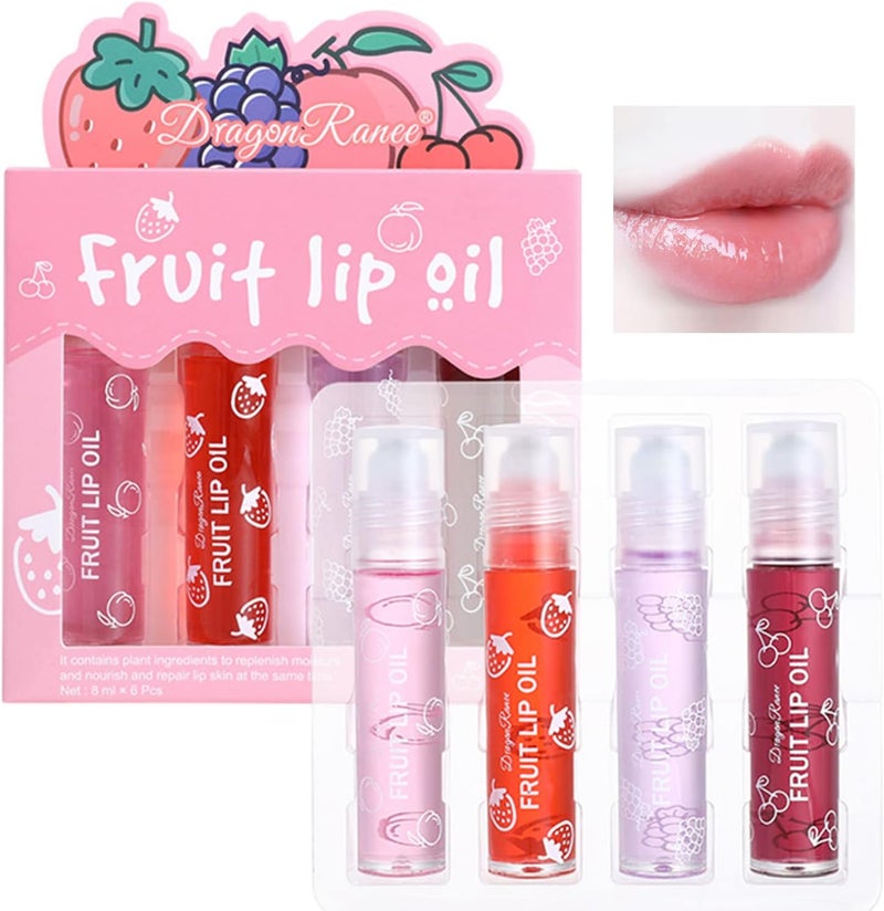 4 Pcs Fruit Lip Oil Set Lip Gloss Crystal Jelly Liquid Lipstick Set Moisturizing Hydrating NonStick cup Long Lasting Lip Kit for Women and Girls Lip Oil 4Pcs