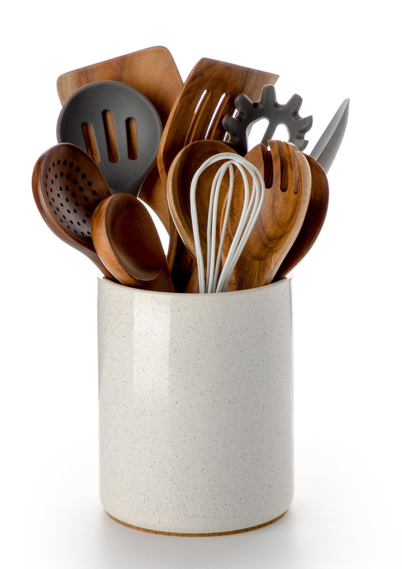 Nucookery Utensil Holder, 6.4" Ceramic Kitchen Utensil Holder for Countertop with Protection Cork Bottom, Vintage Farmhouse Kitchen Decor for Counter, Gift (Sand) - Image 1