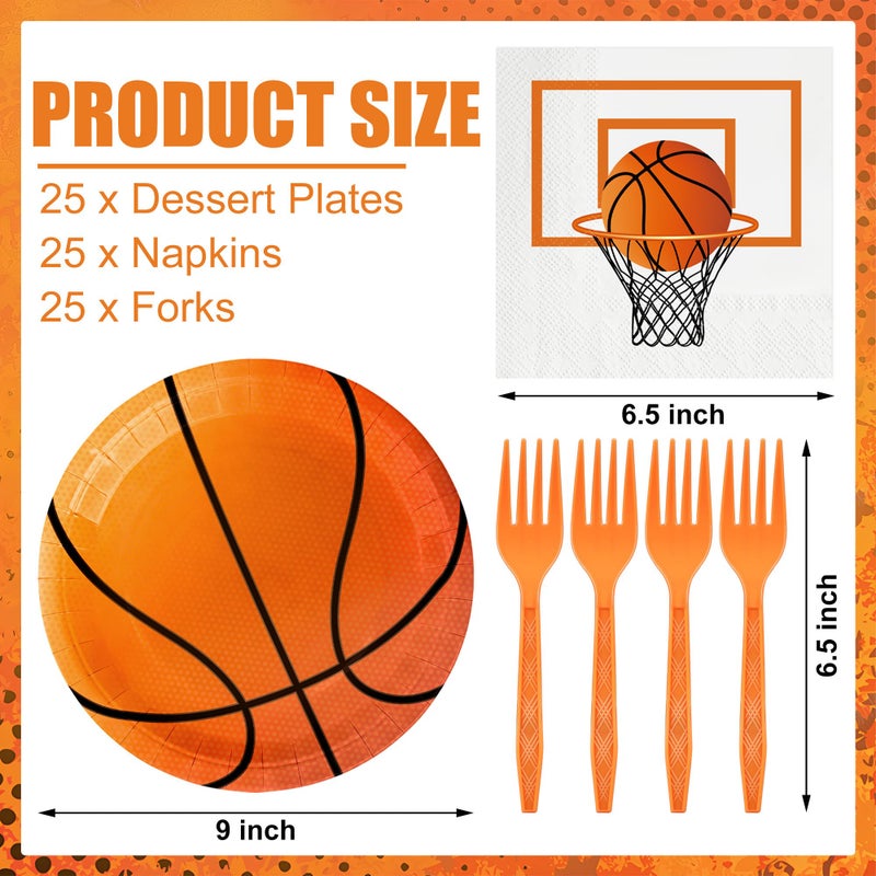 peony man 75 Pcs Basketball Paper Plates and Napkins Basketball Birthday Party Supplies Disposable Party Plates Napkins Forks Tableware Set for Boys Kids Sports Themed Birthday Parties Supplies, Serve 25 Guests - Image 2