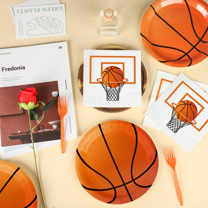 peony man 75 Pcs Basketball Paper Plates and Napkins Basketball Birthday Party Supplies Disposable Party Plates Napkins Forks Tableware Set for Boys Kids Sports Themed Birthday Parties Supplies, Serve 25 Guests - Image 4