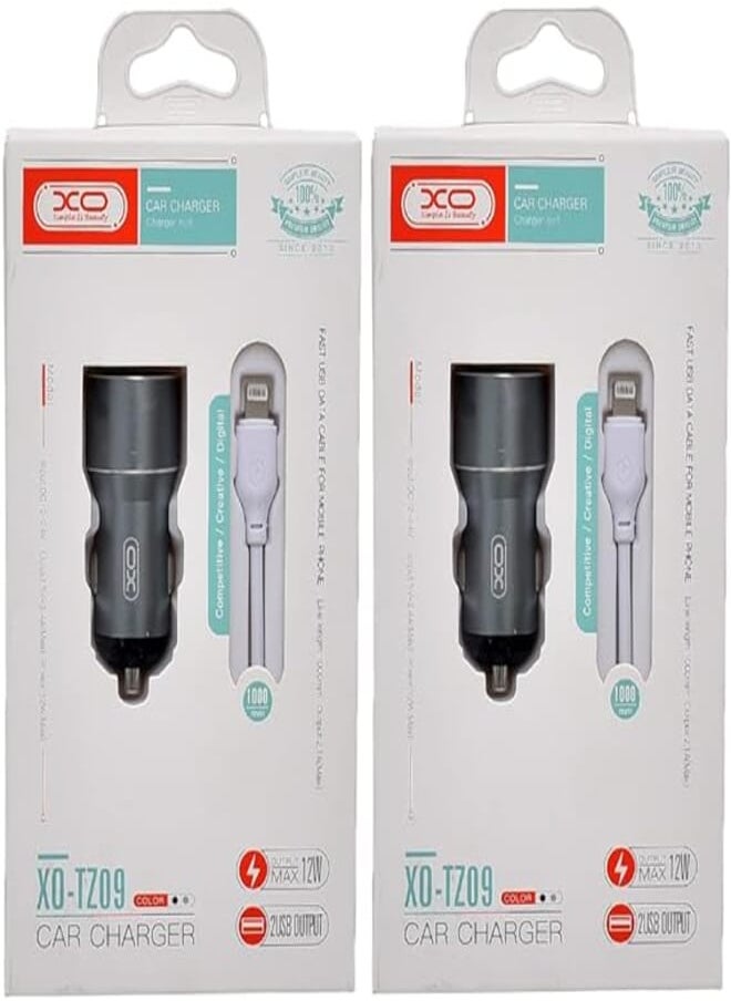 XO - Xo tz09 car charger suit and lightning cable with 2.1a max 12w output and 2 usb output 1000mm set of 2 pieces - grey - Image 1