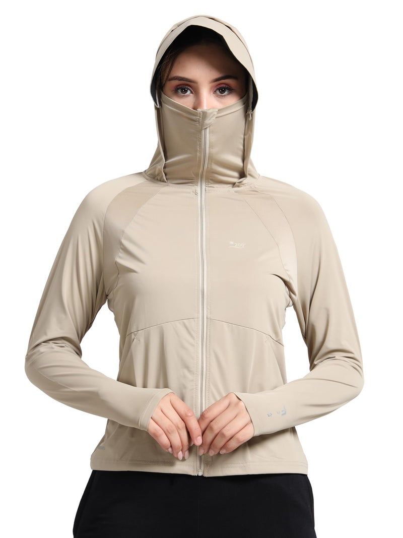 FABSPORTS Women Nylon Standard Length UV Protection Sun Screen Jacket, Full Zip, Lightweight with UPF 50+ Protection for Outdoors, with Pockets, Sun Protective Clothing, Beige, Large - Image 1