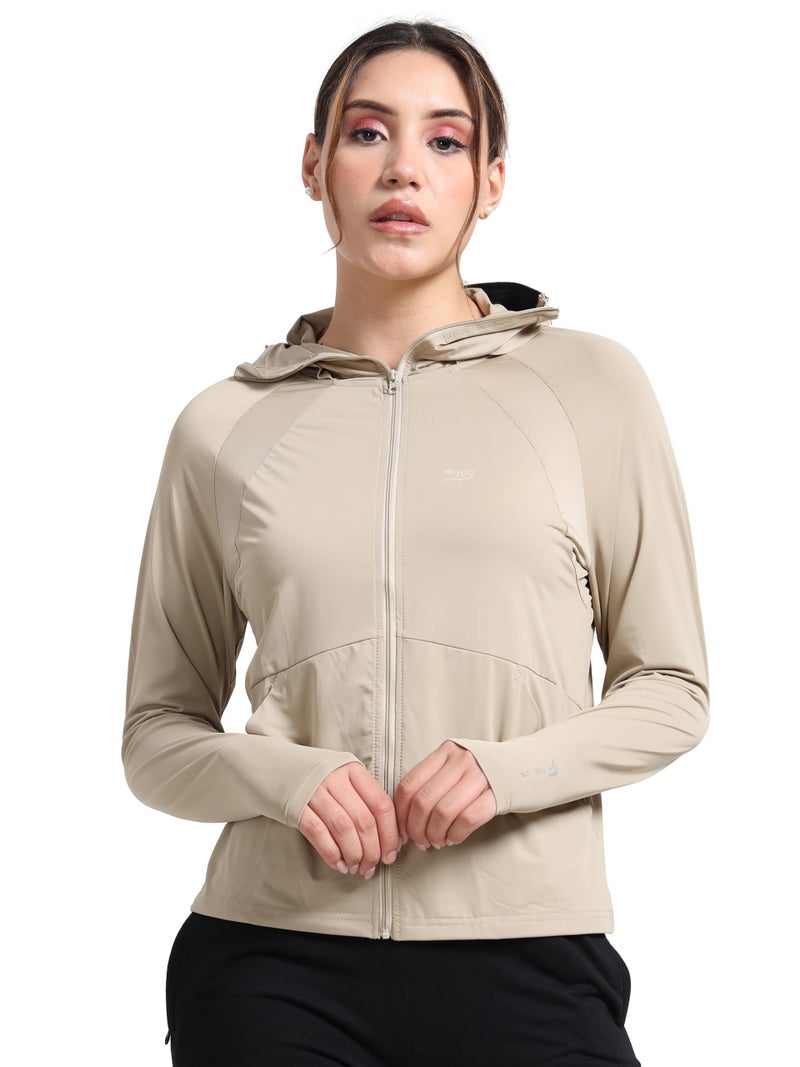 FABSPORTS Women Nylon Standard Length UV Protection Sun Screen Jacket, Full Zip, Lightweight with UPF 50+ Protection for Outdoors, with Pockets, Sun Protective Clothing, Beige, Large - Image 2