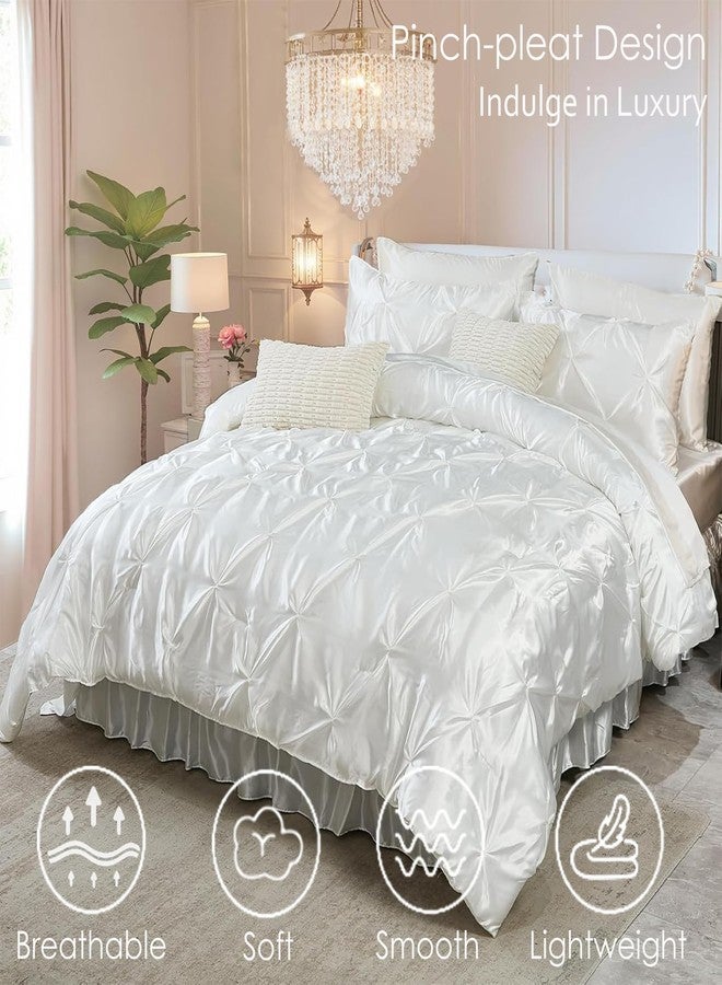 Bedbay White Satin Queen Comforter Set with Sheets,Pinch Pleat Bedding Set Room Decor Aesthetic,Queen Bed in a Bag Set,Silk Like Satin Bed Sheets,Soft Silky Luxury Comforter Satin Bed Set 10 Pcs - Image 3