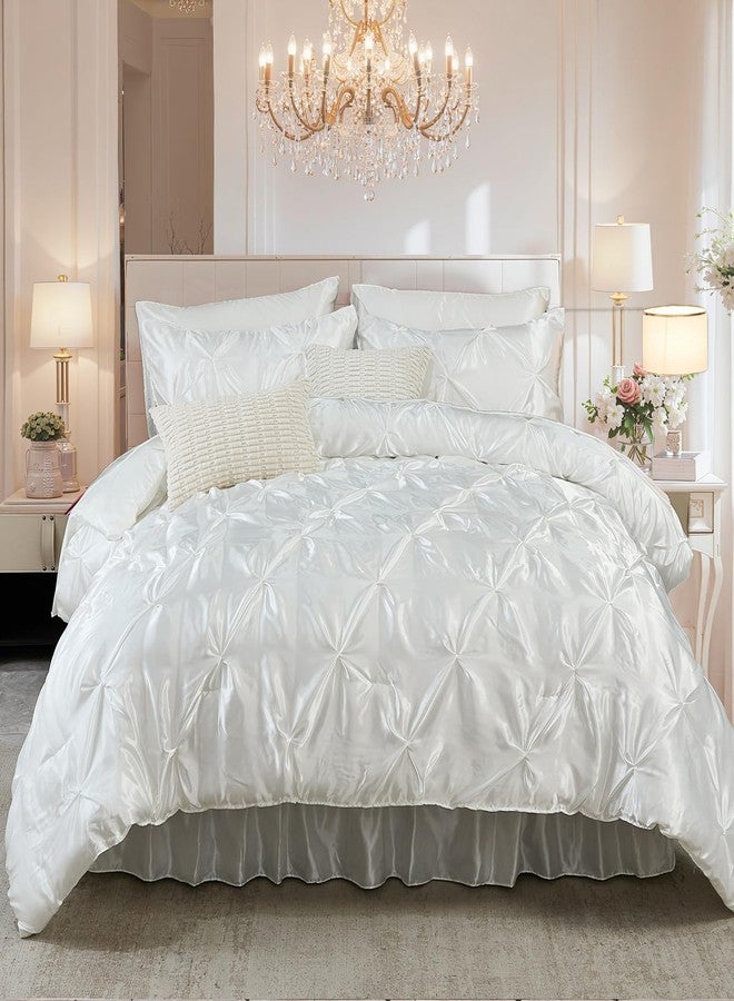 Bedbay White Satin Queen Comforter Set with Sheets,Pinch Pleat Bedding Set Room Decor Aesthetic,Queen Bed in a Bag Set,Silk Like Satin Bed Sheets,Soft Silky Luxury Comforter Satin Bed Set 10 Pcs - Image 2