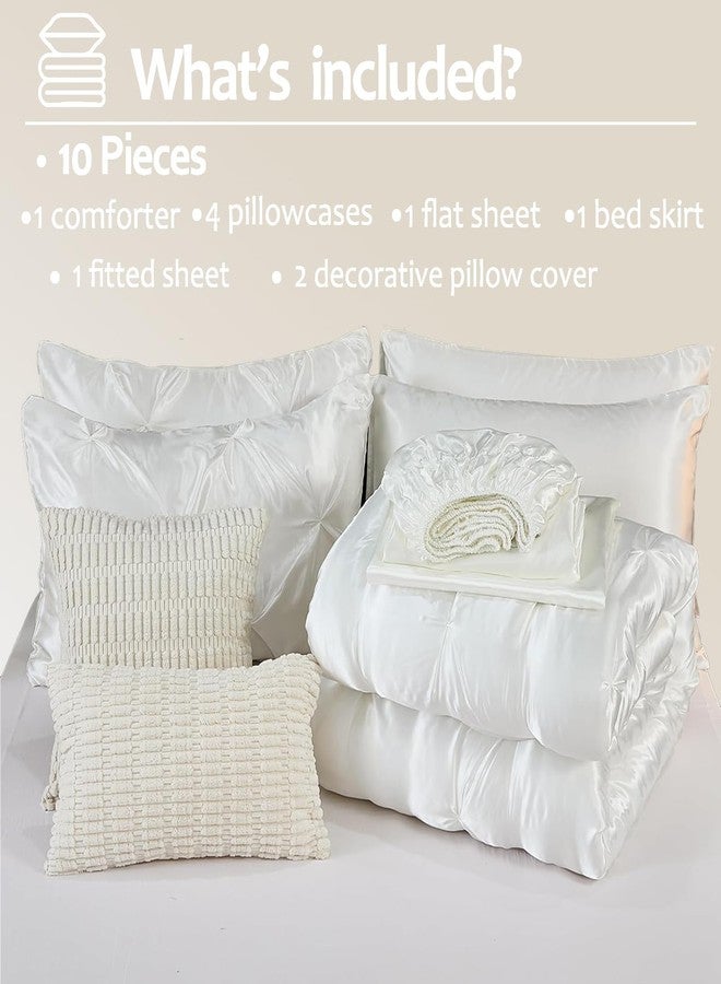 Bedbay White Satin Queen Comforter Set with Sheets,Pinch Pleat Bedding Set Room Decor Aesthetic,Queen Bed in a Bag Set,Silk Like Satin Bed Sheets,Soft Silky Luxury Comforter Satin Bed Set 10 Pcs - Image 5