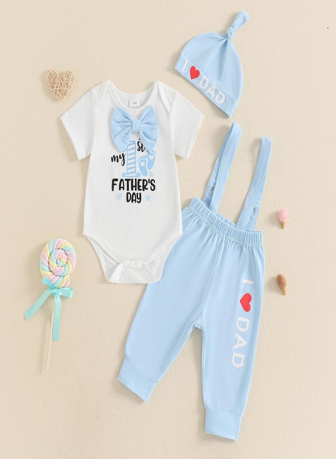 Karuedoo My 1st Father's Day Baby Boy Outfit Short Sleeve Bowtie Romper I Love Dad Suspender Pants Hat 3 Piece Clothes Set (A-White, 9-12 Months) - Image 5