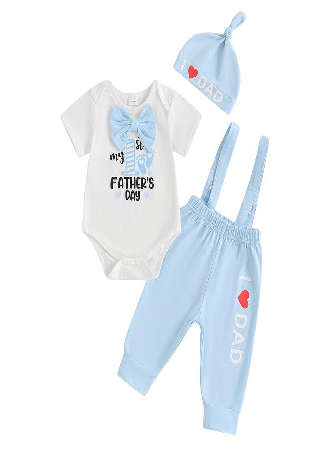 Karuedoo My 1st Father's Day Baby Boy Outfit Short Sleeve Bowtie Romper I Love Dad Suspender Pants Hat 3 Piece Clothes Set (A-White, 9-12 Months) - Image 1