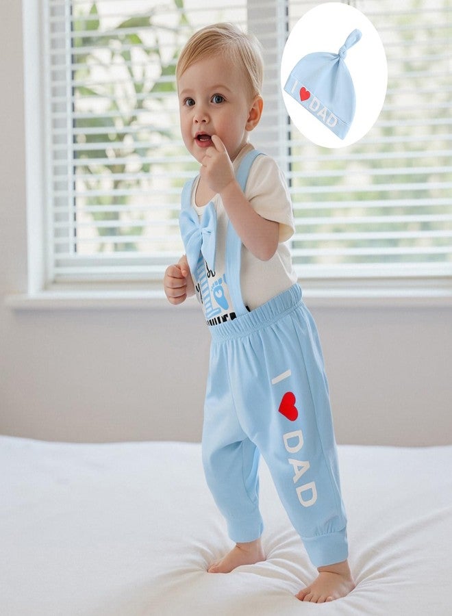 Karuedoo My 1st Father's Day Baby Boy Outfit Short Sleeve Bowtie Romper I Love Dad Suspender Pants Hat 3 Piece Clothes Set (A-White, 9-12 Months) - Image 4