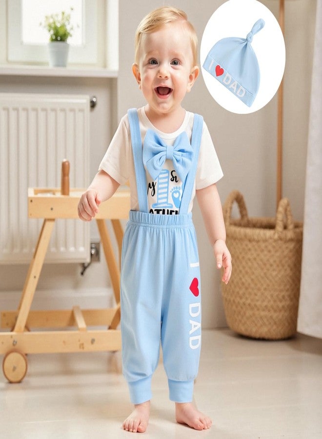 Karuedoo My 1st Father's Day Baby Boy Outfit Short Sleeve Bowtie Romper I Love Dad Suspender Pants Hat 3 Piece Clothes Set (A-White, 9-12 Months) - Image 2