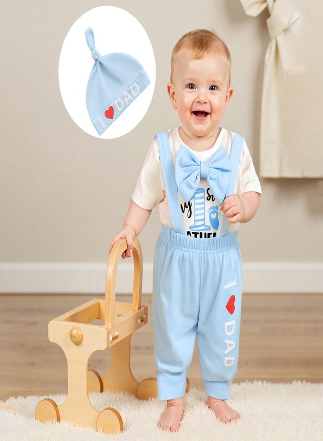 Karuedoo My 1st Father's Day Baby Boy Outfit Short Sleeve Bowtie Romper I Love Dad Suspender Pants Hat 3 Piece Clothes Set (A-White, 9-12 Months) - Image 3