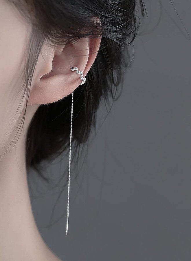 Reffeer 925 Sterling Silver Wave Crawler Earrings Cuff Earrings Wrap for Women Dangle Earrings Threader Chain - Image 3