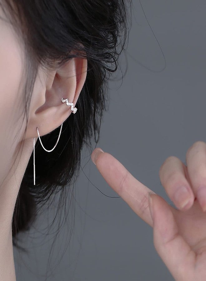 Reffeer 925 Sterling Silver Wave Crawler Earrings Cuff Earrings Wrap for Women Dangle Earrings Threader Chain - Image 2