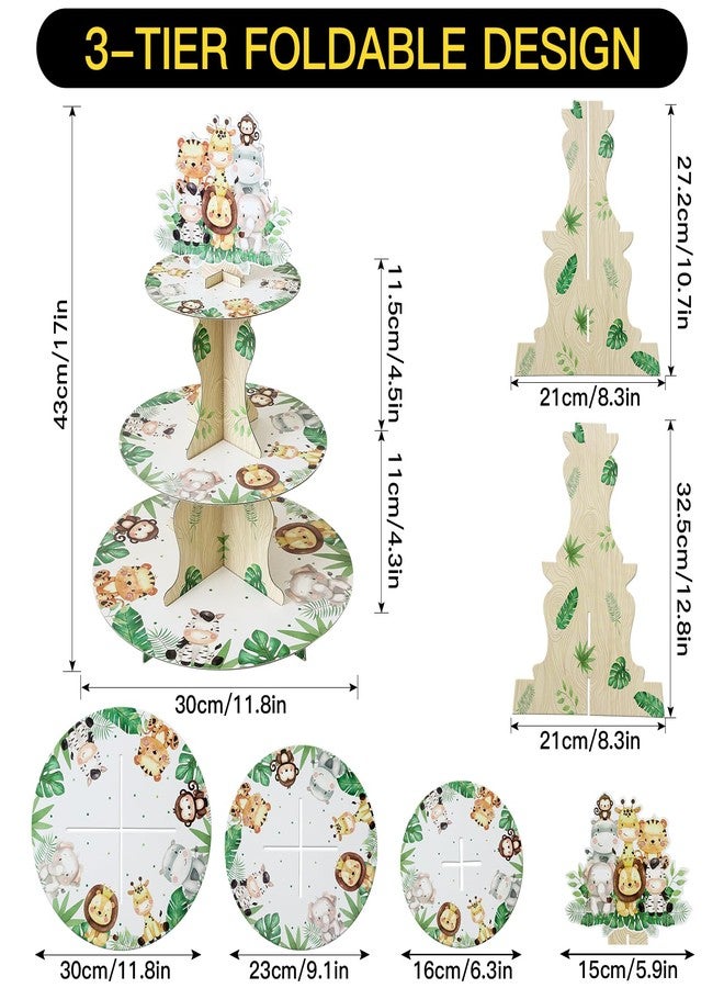Soleebee 3-Tier Round Cupcake Stand, Cardboard Cupcake Tower, Dessert Cup Cake Stand Tower for Baby Shower Birthday Camping Safari Theme Party Decoration, Cupcake Tier Stand 1 Set (Cute Animals) - Image 2