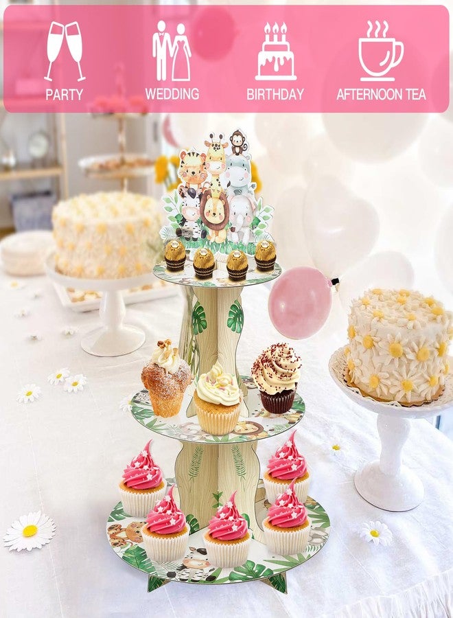 Soleebee 3-Tier Round Cupcake Stand, Cardboard Cupcake Tower, Dessert Cup Cake Stand Tower for Baby Shower Birthday Camping Safari Theme Party Decoration, Cupcake Tier Stand 1 Set (Cute Animals) - Image 5