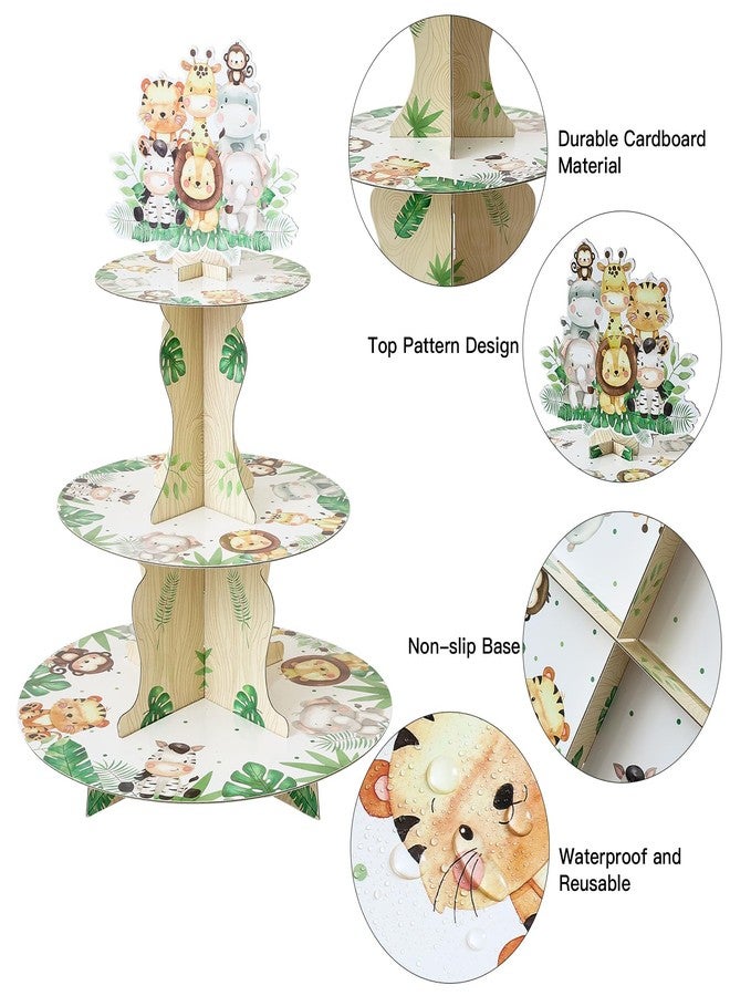 Soleebee 3-Tier Round Cupcake Stand, Cardboard Cupcake Tower, Dessert Cup Cake Stand Tower for Baby Shower Birthday Camping Safari Theme Party Decoration, Cupcake Tier Stand 1 Set (Cute Animals) - Image 3