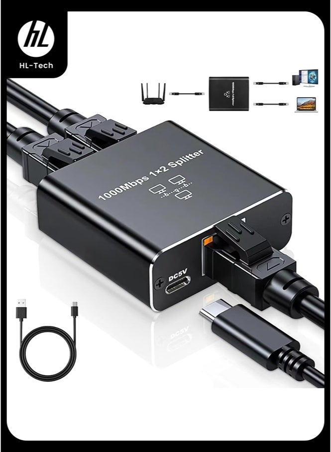 HL-Tech Gigabit Ethernet Splitter 1 to 2 - Network Splitter with USB Power Cable, RJ45 Internet Splitter Adapter 1000Mbps High Speed for Cat 5/5e/6/7/8 Cable [2 Devices Networked Simultaneously] - Image 1