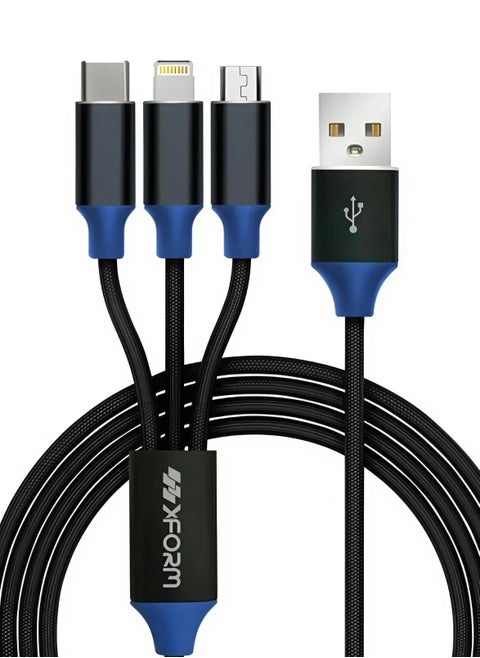 USB charging cable with 3 different plugs: USB-C / micro USB / Lightning. Perfect accessory for all devices with USB-C, micro USB, and Lightning ports.