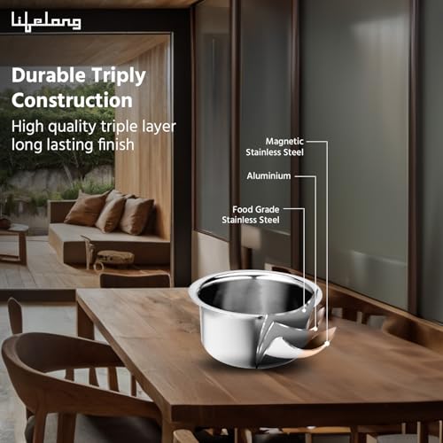 Lifelong Triply Tope with Lid for Cooking - Stainless Steel 20 cm Tope with Lid - 1 Litre Induction Bottom & Gas Stove Cookware (Silver, LLTPT23) - Image 3