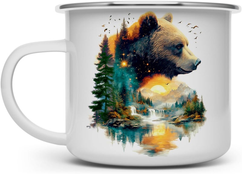 Loftipop Nature Bear Enamel Camp Mug Wild Life Animal Forest Trees Campfire Camping Cup Mountain Outdoor Lover Gifts 16oz - Image 1
