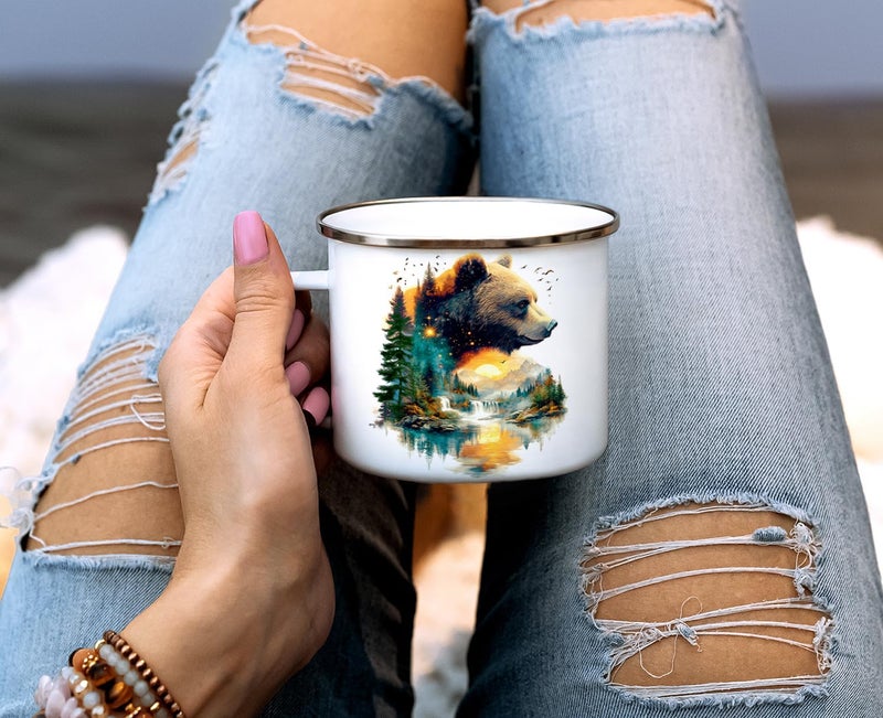 Loftipop Nature Bear Enamel Camp Mug Wild Life Animal Forest Trees Campfire Camping Cup Mountain Outdoor Lover Gifts 16oz - Image 3