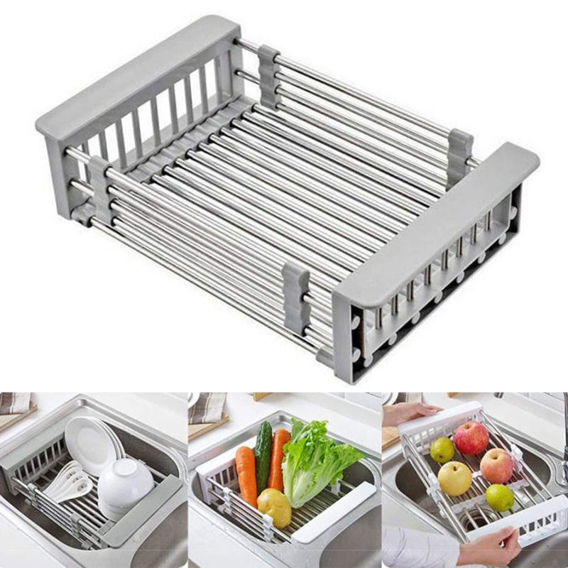 CARNAVAL Stainless Steel Kitchen Drying Rack Retractable Drain Basket with Adjustable Armrest Over The Sink Dish Drying Rack