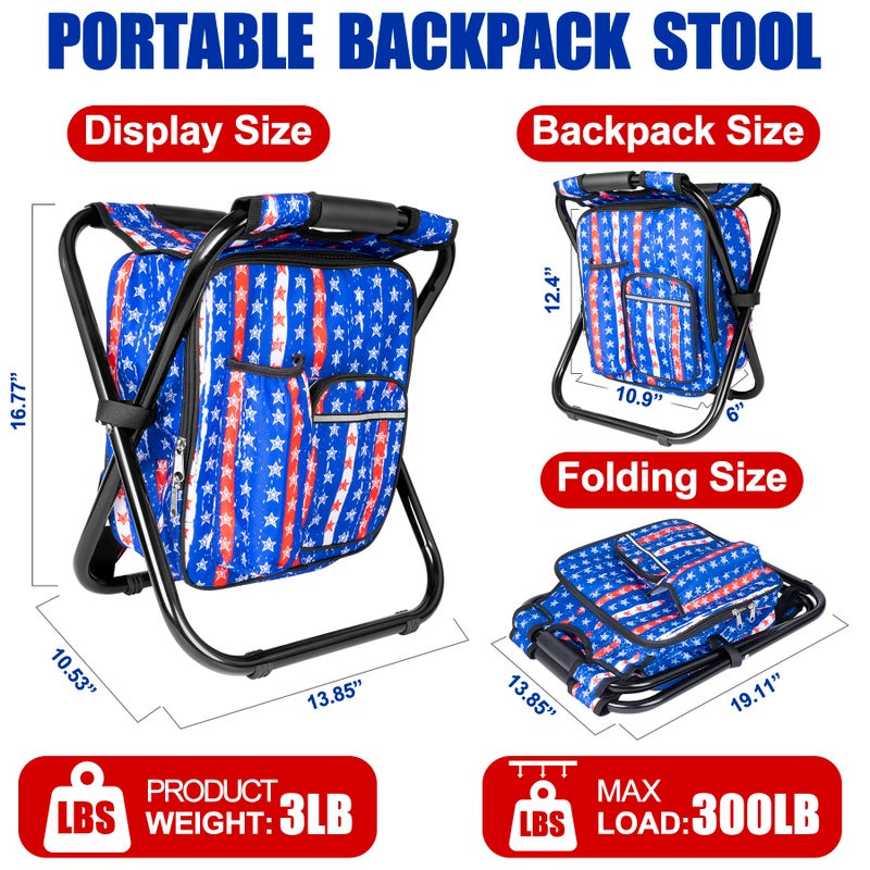 Kikerike Backpack Stool Cooler Chair Heavy Duty 300 LBS Max Load Portable Lightweight Stool Backpack Folding Fishing Cooler Seat for Camping Hunting Fishing - American Flag - Image 2
