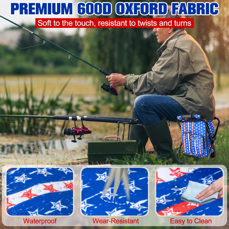Kikerike Backpack Stool Cooler Chair Heavy Duty 300 LBS Max Load Portable Lightweight Stool Backpack Folding Fishing Cooler Seat for Camping Hunting Fishing - American Flag - Image 4