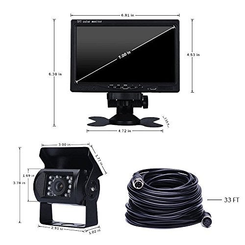 Camecho Vehicle Backup Camera 7" Monitor,18 IR Night Vision Rear View Camera Without Guide Line IP 68 Waterproof, 4 Pins Aviation Extension Cable for 33FT Length RVs, Bus, Trailer,Truck - Image 3