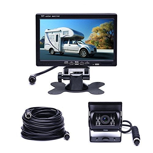 Camecho Vehicle Backup Camera 7" Monitor,18 IR Night Vision Rear View Camera Without Guide Line IP 68 Waterproof, 4 Pins Aviation Extension Cable for 33FT Length RVs, Bus, Trailer,Truck - Image 1