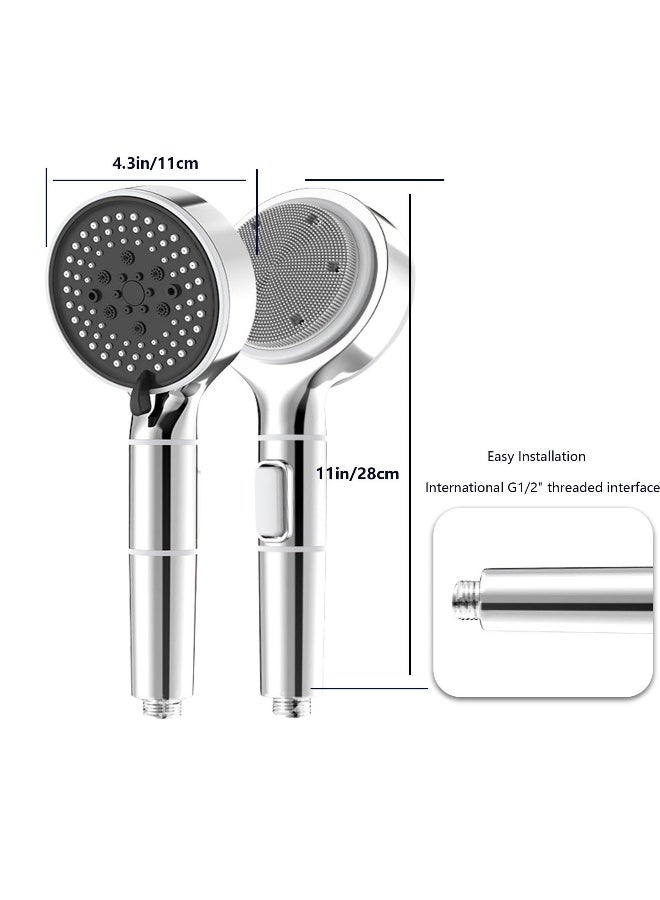 Shower Head with Filter, High Pressure Double-Sided Shower Head with Silicone Body Scrubber, Handheld Shower with On/Off Switch, 5 Spray Modes for Body and Hair Massage (Silver) - Image 4