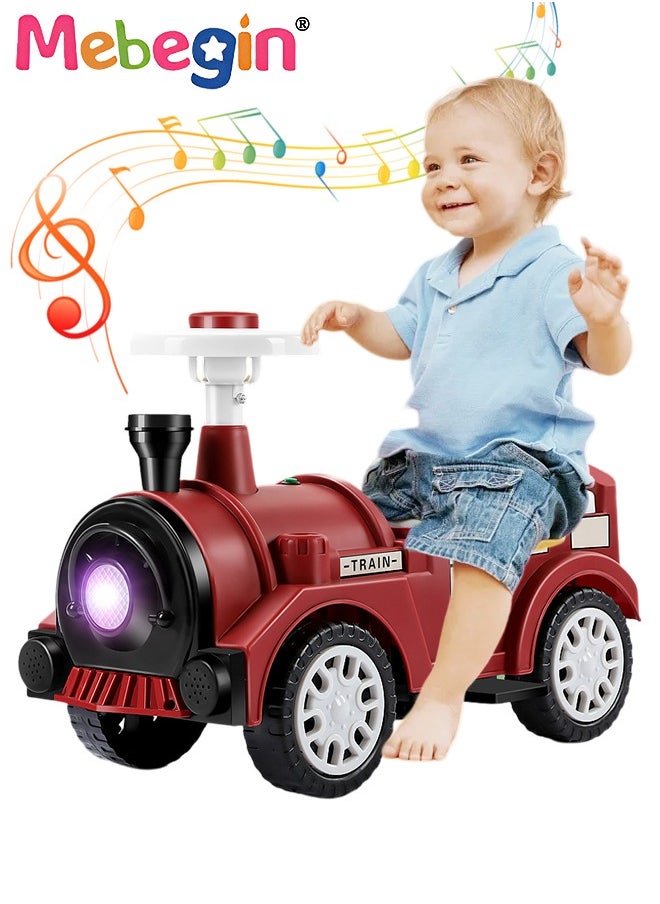 null - Kids 4-wheeled Balance Car with Large Storage Space Under Seat, Push Car with Music and Light, Anti Roll-over Toy Car, Sturdy Ride On Toy, Train-shaped Push Along Car, No Pedal - Image 1