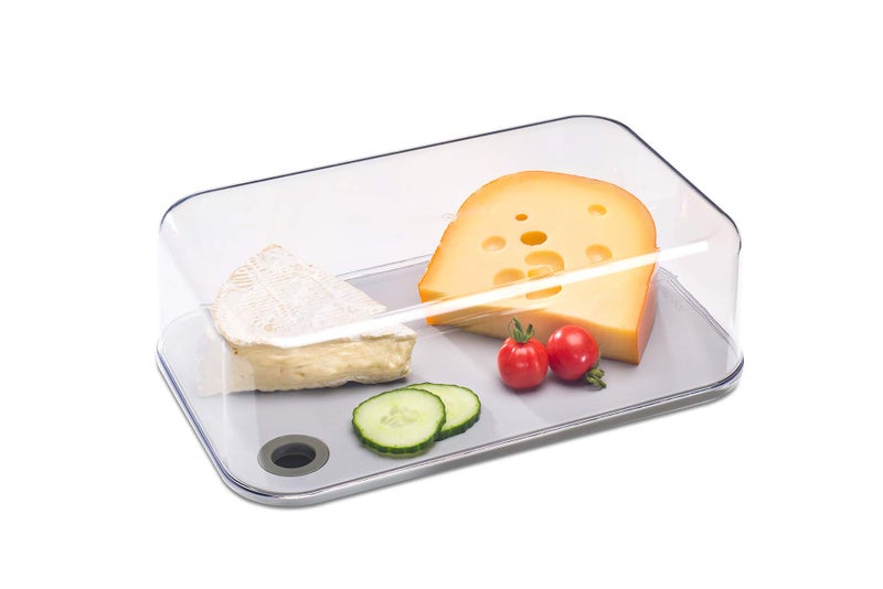 Mepal Modula Transparent Cheese Dome with Built in Grey Cutting Board Kinds of Cheeses | Dishwasher Safe | 95oz/2800ml | BPA Free | Made in Holland - Image 1