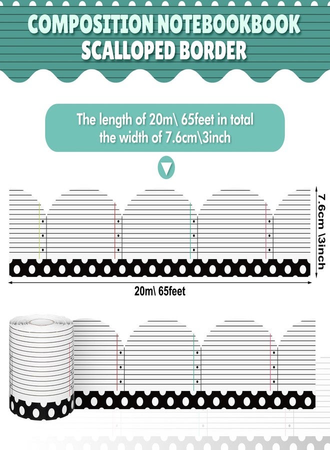 Zonon 65. 6ft Composition Notebook and Black and White Dot Bulletin Board Border Composition Notebook Scalloped Rolled Border Trim for Bulletin School Classroom Wall Desks Locker Decorations - Image 2