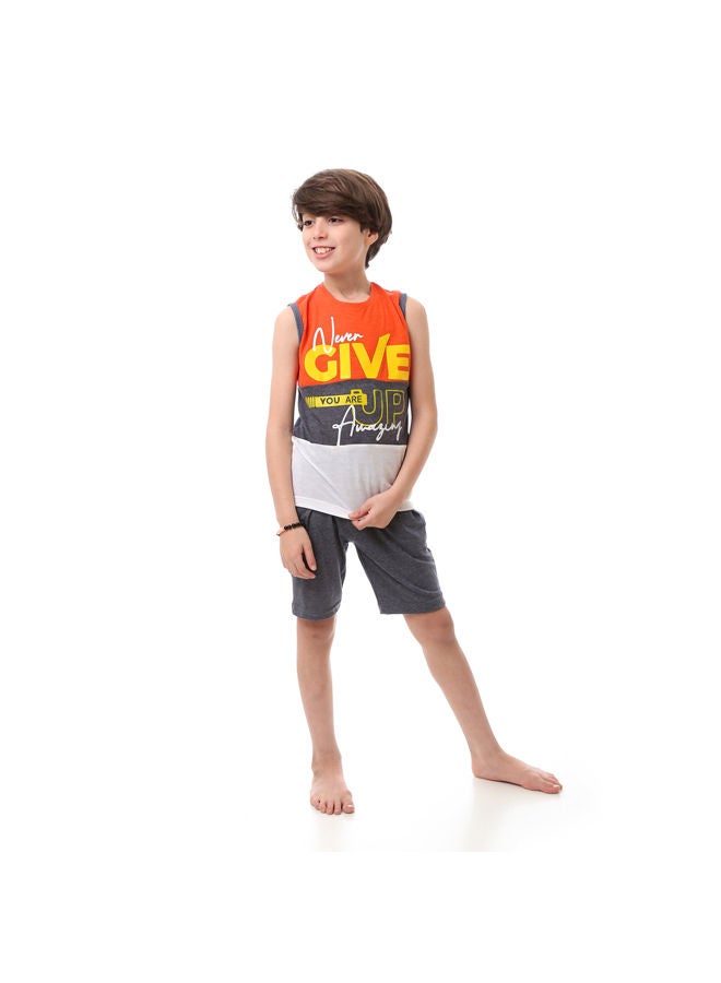 Andora Sleeveless Printed Slip On Pajama Set - Orange, Grey & White - Image 1