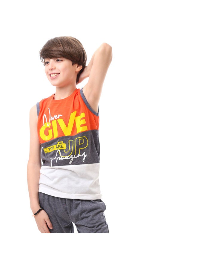 Andora Sleeveless Printed Slip On Pajama Set - Orange, Grey & White - Image 2