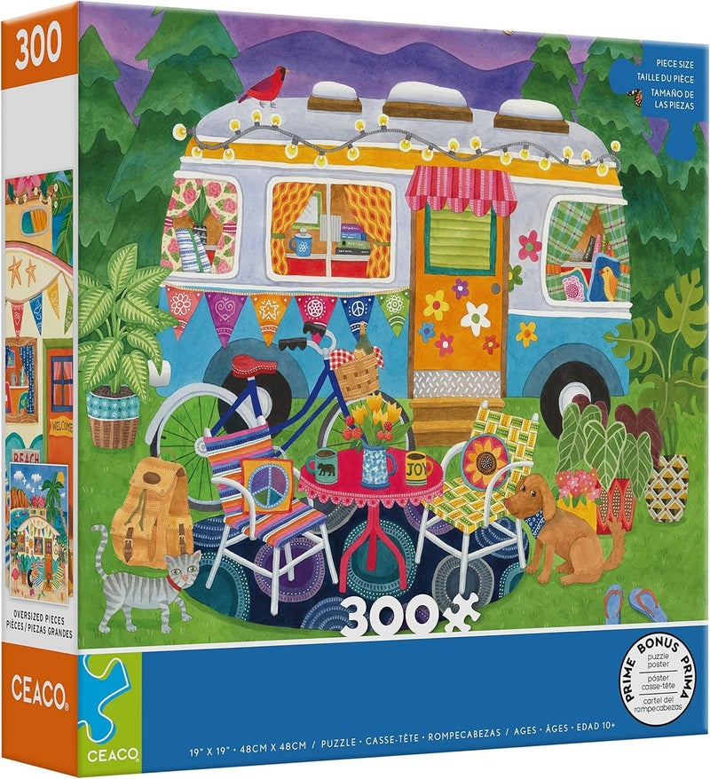 Ceaco - Happy Camper - Mountain Camper - Oversized 300 Piece Jigsaw Puzzle, 19 x 19 - Image 1