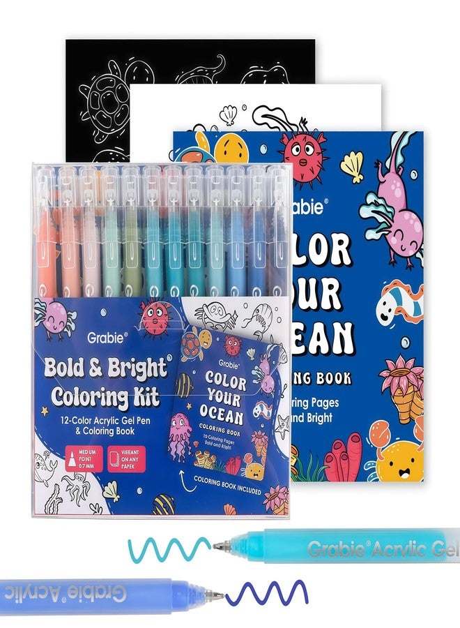 Grabie 12Colors Acrylic Gel Pens&Coloring Book, Medium Point Colored Gel Pens, Acrylic Gel Ink Pen Assorted Colored for Drawing, Note Taking, Bold&Bright Coloring Kit, Set of 12 (Ocean Colors) - Image 1