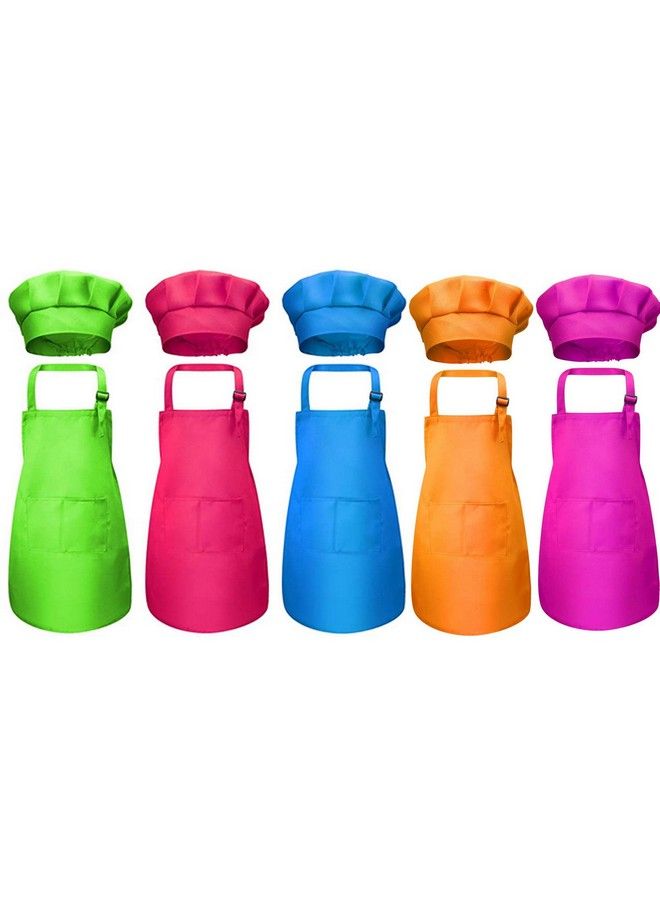 Tamicy 10 Pieces Kids Chef Hat And Apron Set Child Kitchen Bib Aprons With Pockets Girls Boys Chef Hats For Cooking Baking Gardening Painting Wear (Rose Red Green Blue Orange Purple) - Image 1