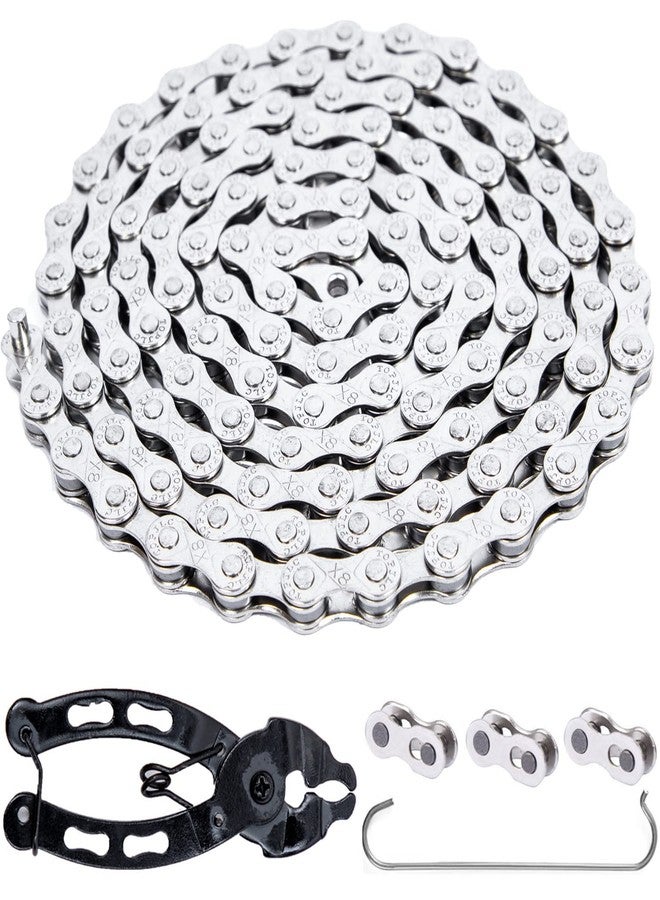 YBEKI 6/7/8/9/10/11 Speed Carbon Steel Bike Chain with Full Silver Plating, 116 Links, 3 Extra Master Links & Chain Tool - Compatible with Shimano/SRAM Mountain, Road (6/7/8 Speed, Silver, 1) - Image 1