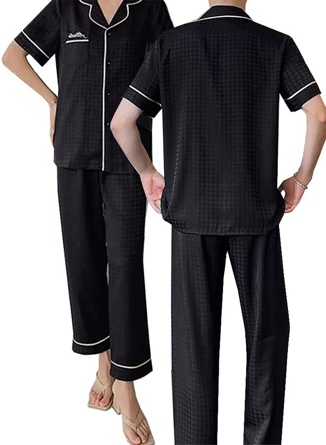 MARGOUN Couple Pajama XXL Men Pajamas XL Women Houndstooth Ice Silk Homewear Lovers Sleep Suit Nightwear Short Sleeve Sleepwear Black