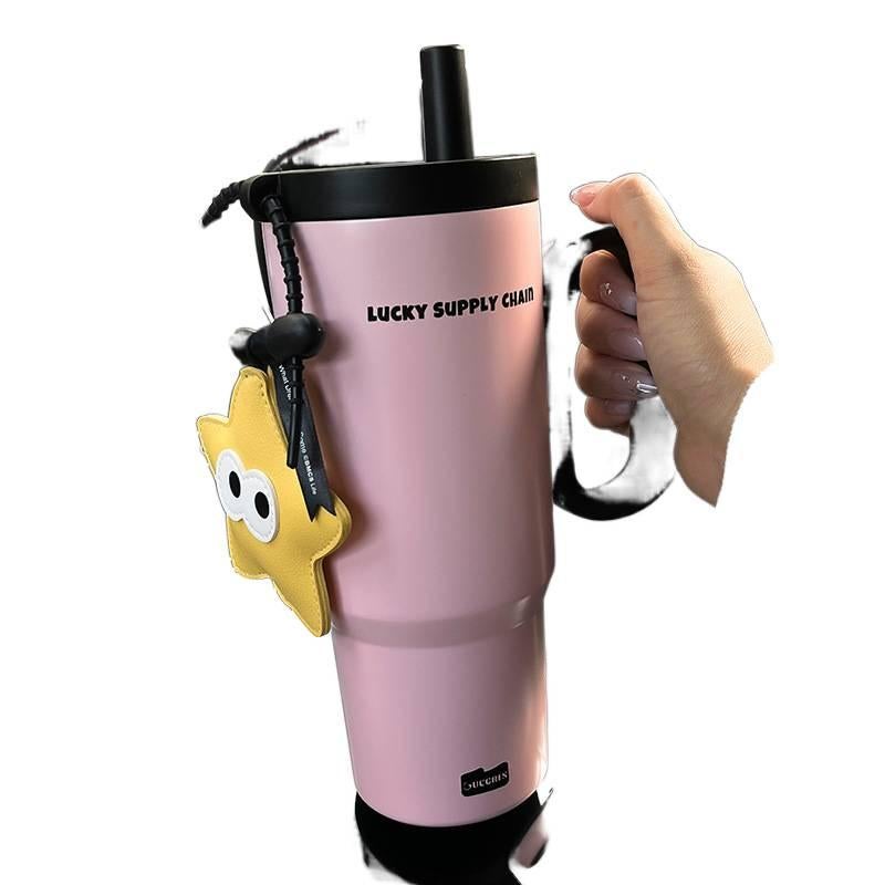 كوب قهوة بمقبض وغطاء بشفاط من ستانلس ستيل ومناسب لحامل الأكواب، 720 ml مع غطاء بقشة مع مقبض من الستانلس ستيل - Image 4