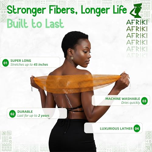 AFRIKI African Net Sponge, Premium Authentic Exfoliating Body Scrubber, Extra Long Stretch Bath Sponge for Shower, Deep Exfoliating Washcloth for Smooth Skin, 1 Pack (Emerald Green) - Image 3
