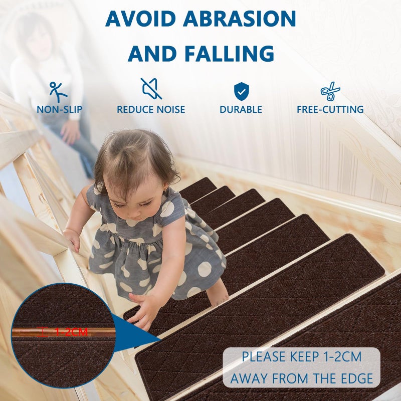 KOOTETA Stair Treads for Wooden Steps Indoor, 15 Pack 8" X 30" Non Slip Carpet Stair Treads with Reusable Adhesive for Kids Elders and Dogs, Surface Polyester TPR Backing Stair Rugs, Brown - Image 5