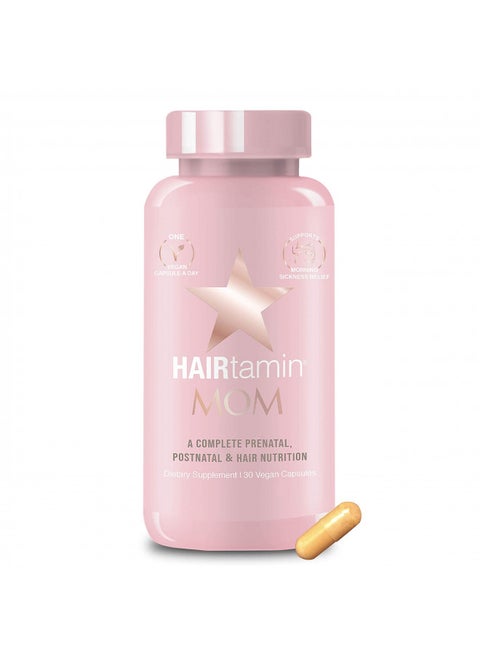 HAIRtamin MOM Vegan Prenatal & Postnatal Multivitamin Supplement & Hair Vitamin Pregnancy, Postpartum, Breastfeeding Probiotic One-a-Day Hair Vitamins with Biotin, Zinc, Iron (30 Counts)