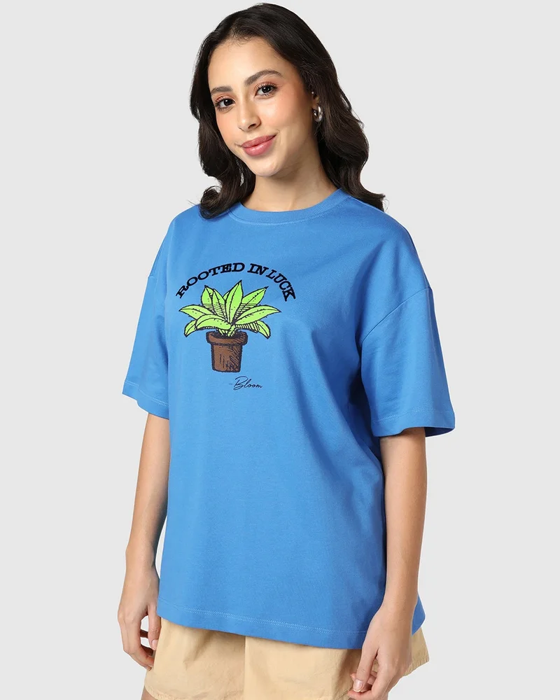 Women's Azure Blue Rooted In Luck Graphic Printed Oversized T-shirt